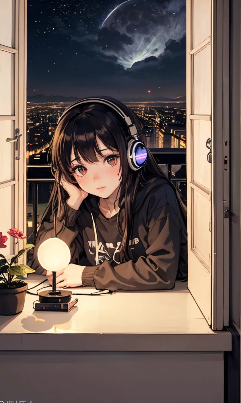 a girl with headphones looking out of a window