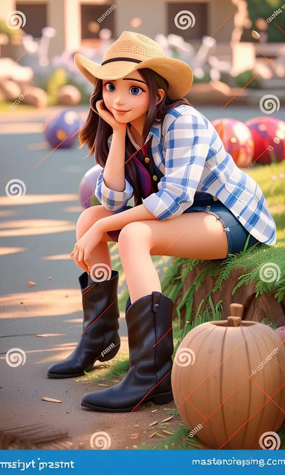 a girl in a cowboy hat is sitting on a pumpkin