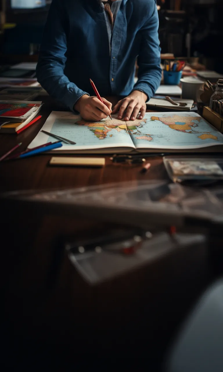 a man sitting at a table with a map and pencil