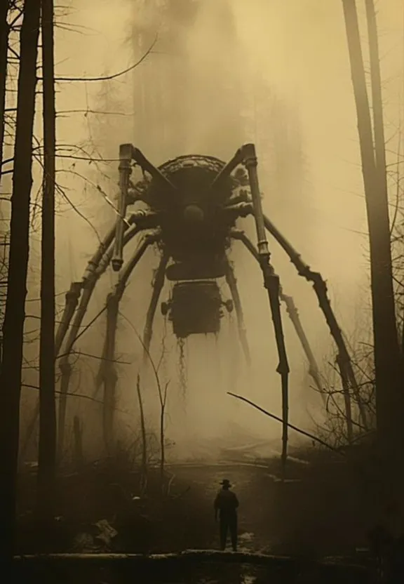 a giant spider standing in the middle of a forest