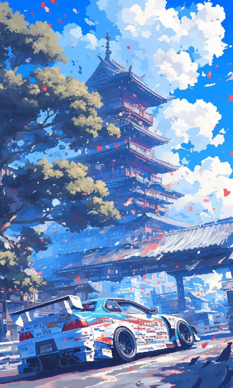 a painting of a car parked in front of a pagoda