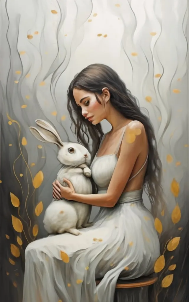 a painting of a woman holding a rabbit