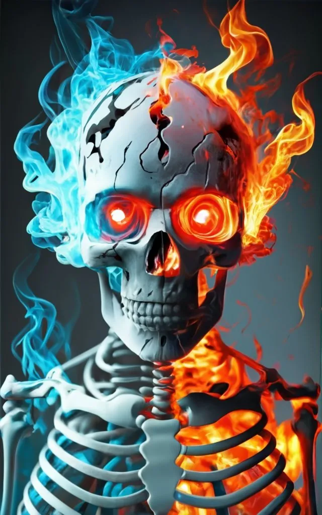 a skeleton with glowing eyes and a flame in its mouth