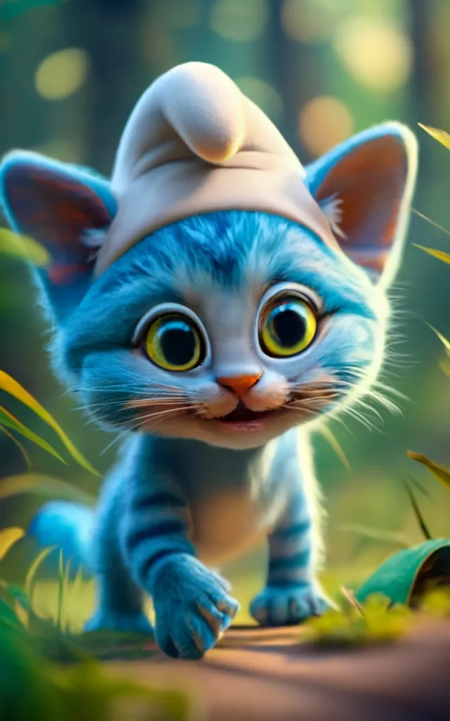 a painting of a blue kitten wearing a hat