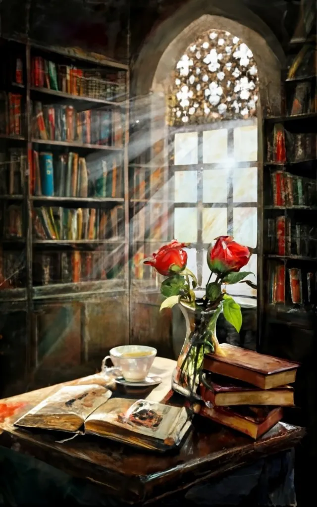 a painting of a table with books and a vase of roses