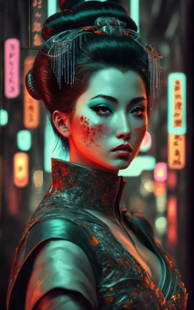 a woman in a geisha costume in a neon city