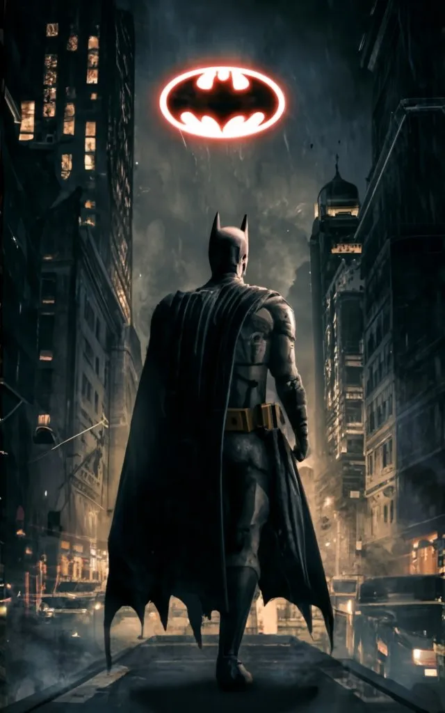 a batman standing in the middle of a city at night