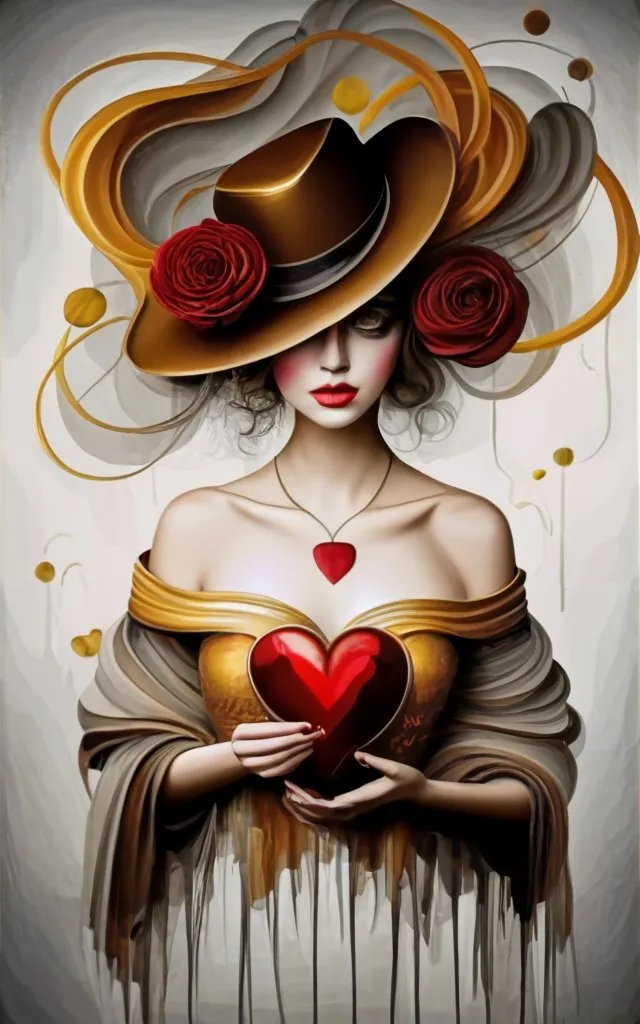 a painting of a woman holding a heart