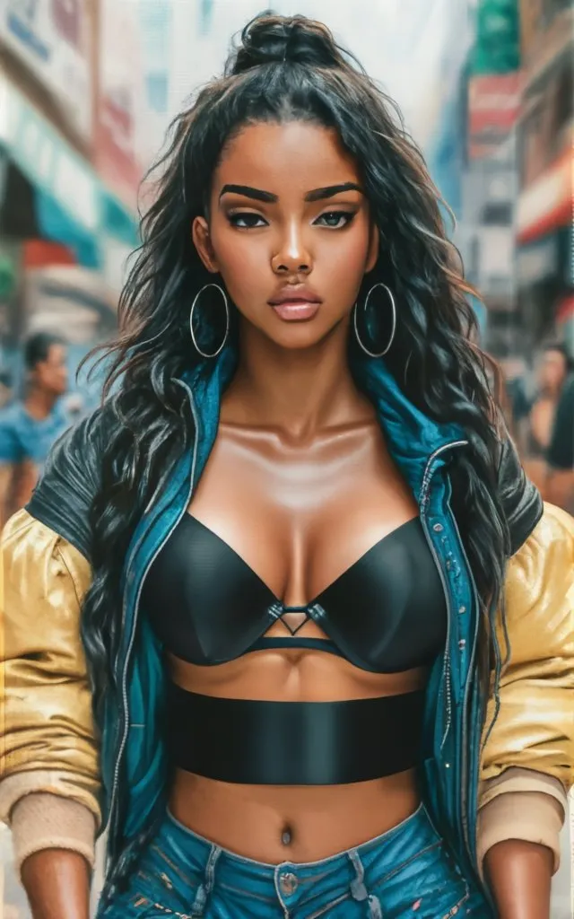 a painting of a woman in a leather jacket