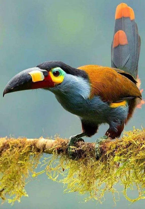 a colorful bird perched on top of a moss covered branch