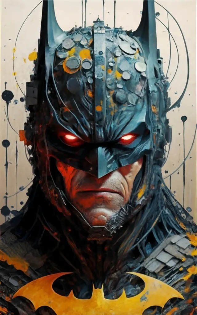 a painting of a batman with red eyes