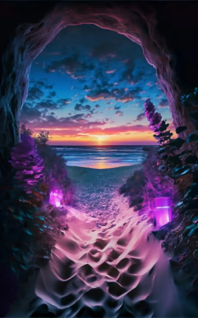 a painting of a path leading to the ocean