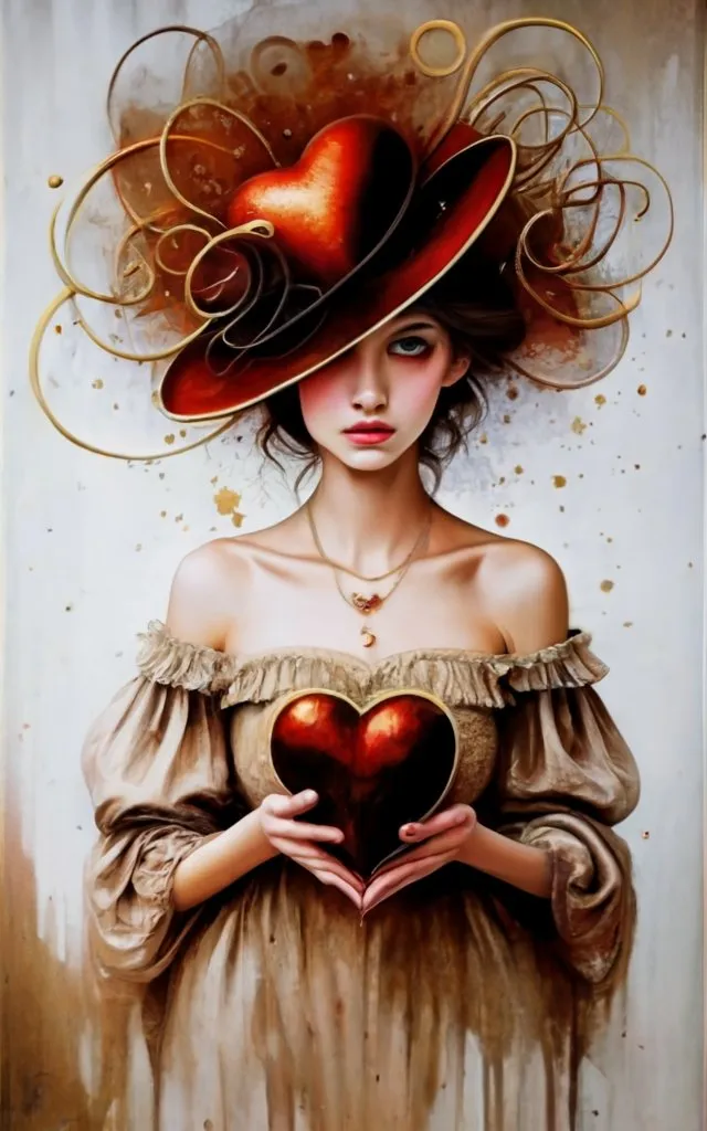 a painting of a woman holding a heart