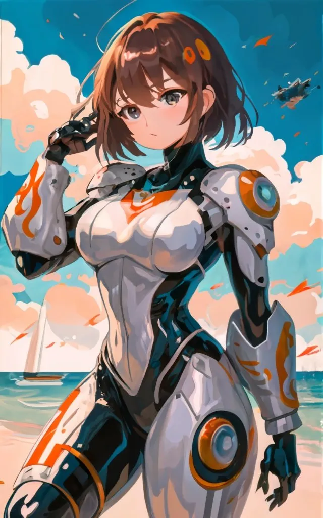 a woman in a futuristic suit standing on a beach