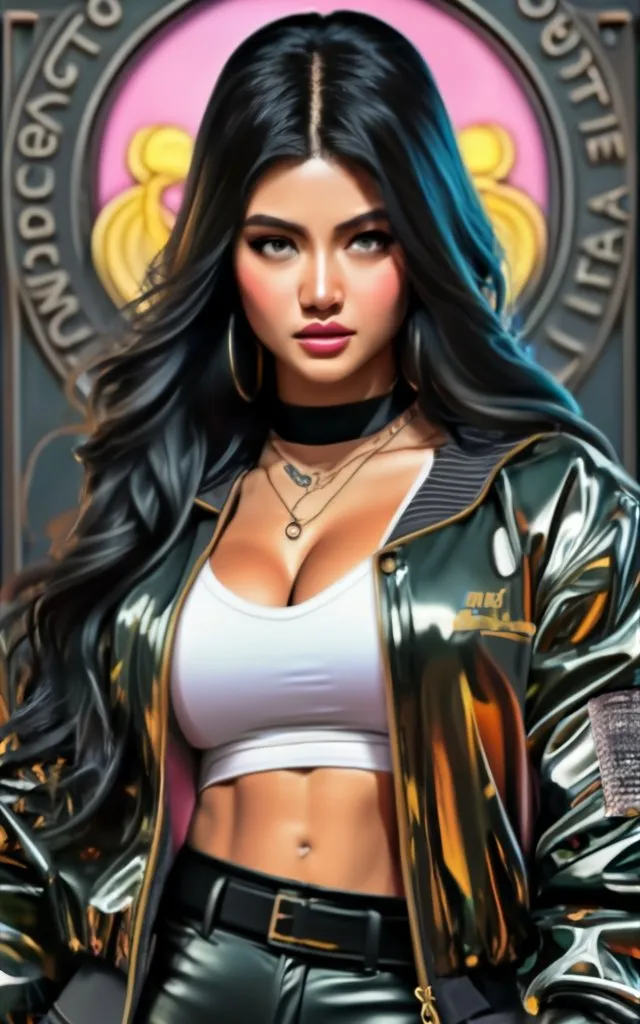 a painting of a woman in a leather jacket