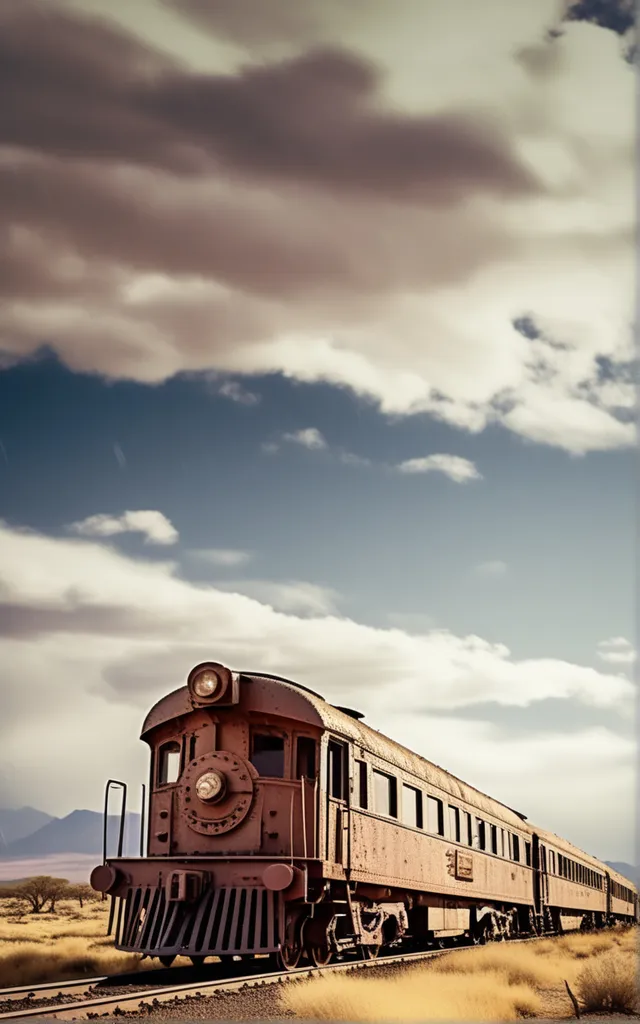 A traveler walking alone in a post-apocalyptic wasteland; rusty old train; water body; cinematic view