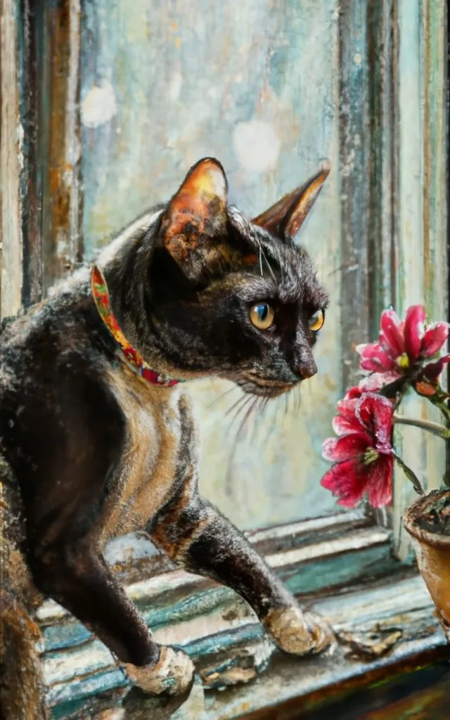 a painting of a cat sitting on a window sill