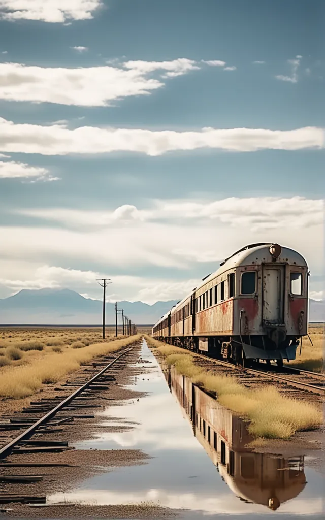 A rusty train left behind on the tracks during a stormy ocean weather