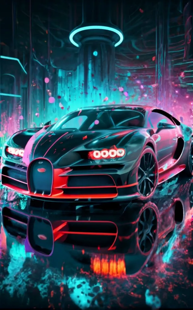 a bugatti car with neon lights in the background