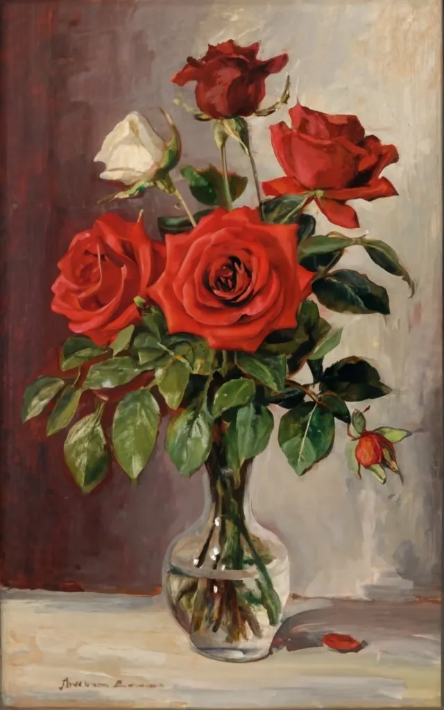 a painting of roses in a vase on a table