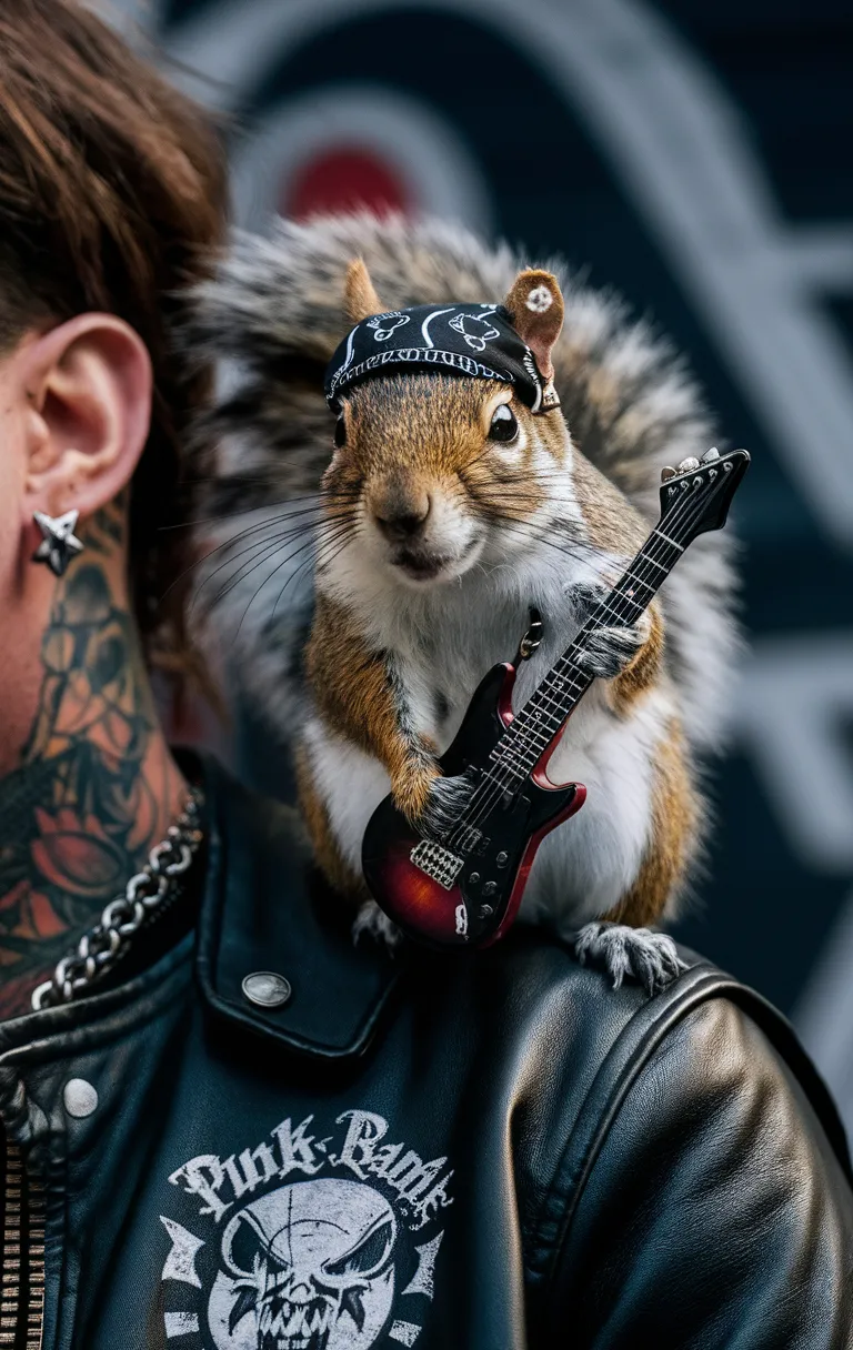 a person with a guitar and a squirrel on their shoulders