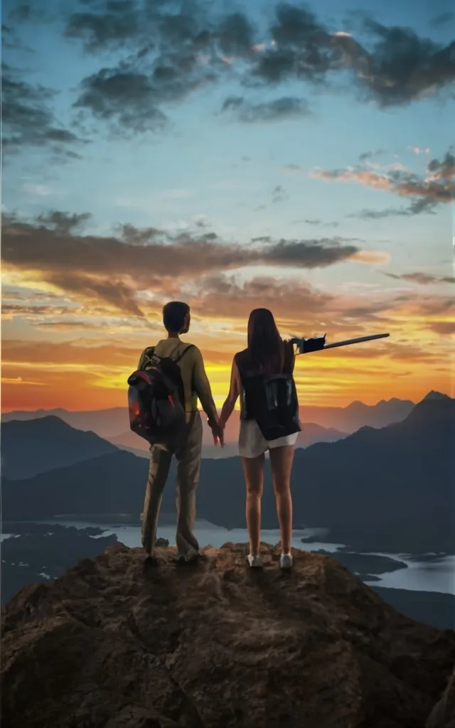 two people standing on top of a mountain holding hands