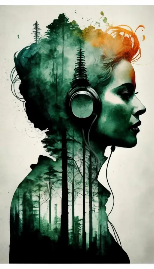 a painting of a woman with headphones in a forest