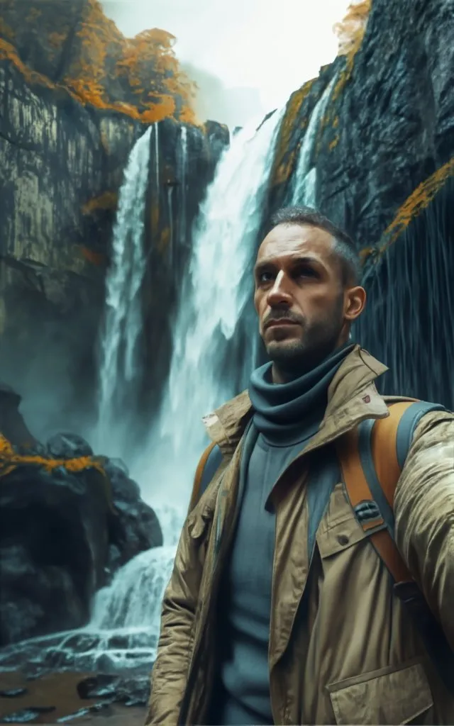 a man standing in front of a waterfall