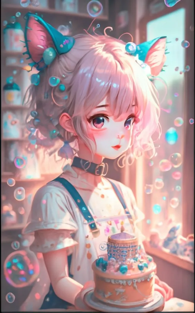 a girl holding a cake in front of bubbles