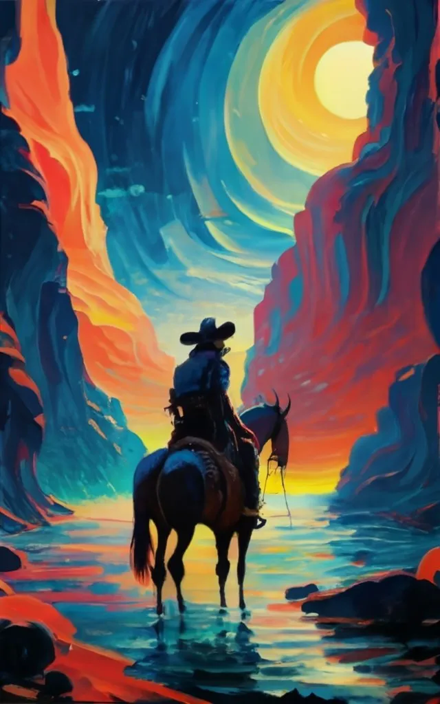 a painting of a man riding a horse through a canyon