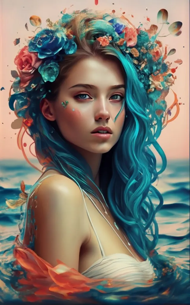 a woman with blue hair and flowers in her hair