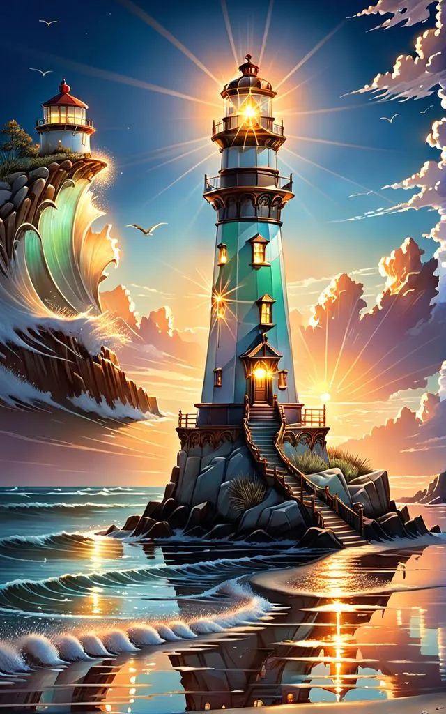 a painting of a lighthouse in the ocean