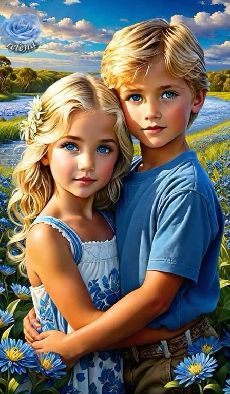 a painting of two children hugging in a field of flowers