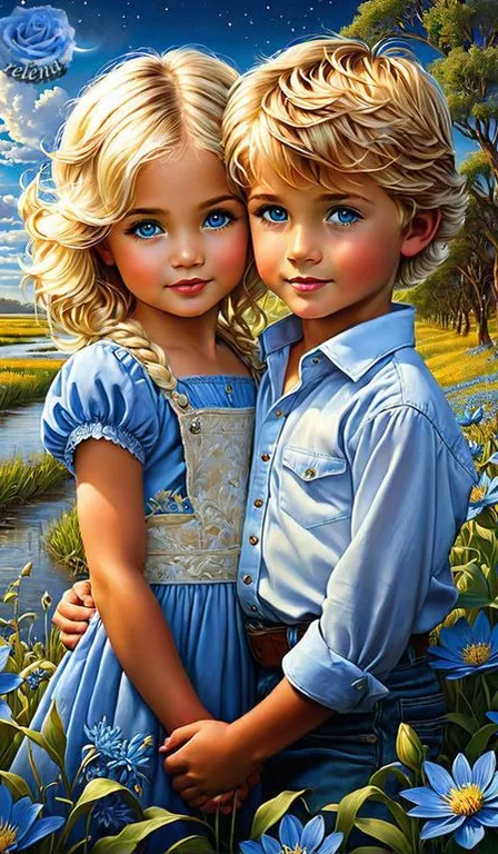 a painting of two children standing next to each other