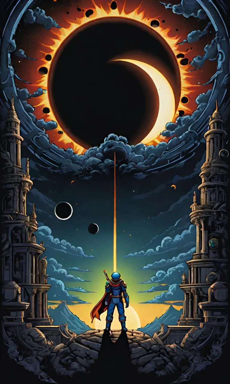 a poster of a man standing in front of a eclipse