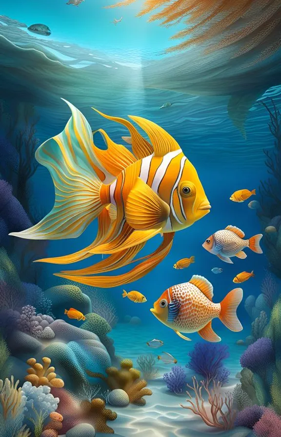 a painting of two fish swimming in the ocean