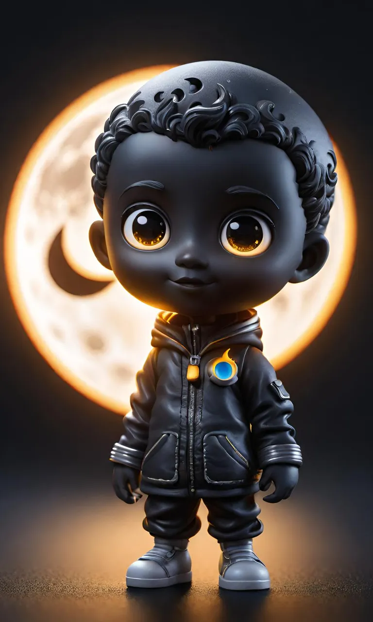 a little black boy in a space suit standing in front of a full moon