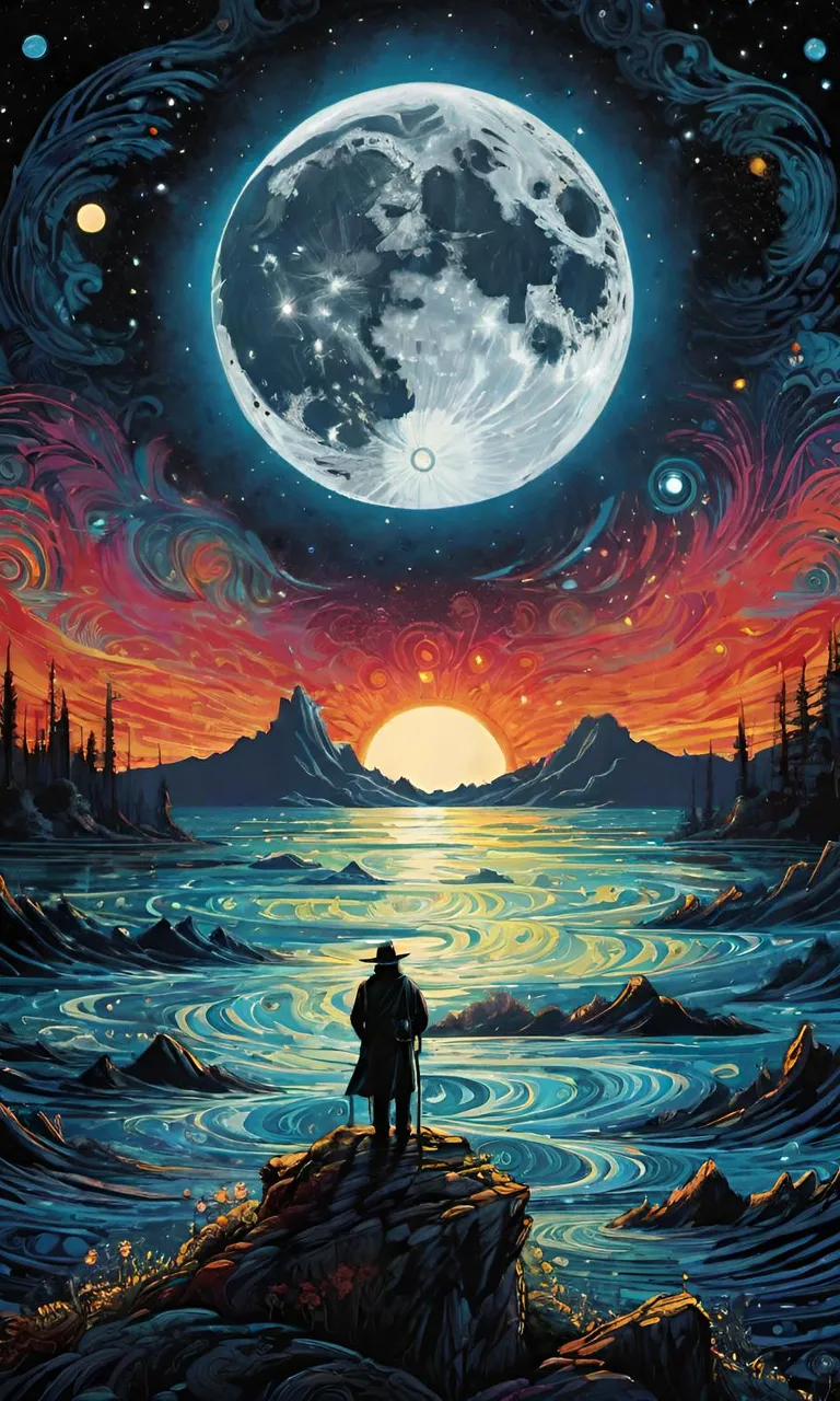 a painting of a man standing on a rock looking at the moon