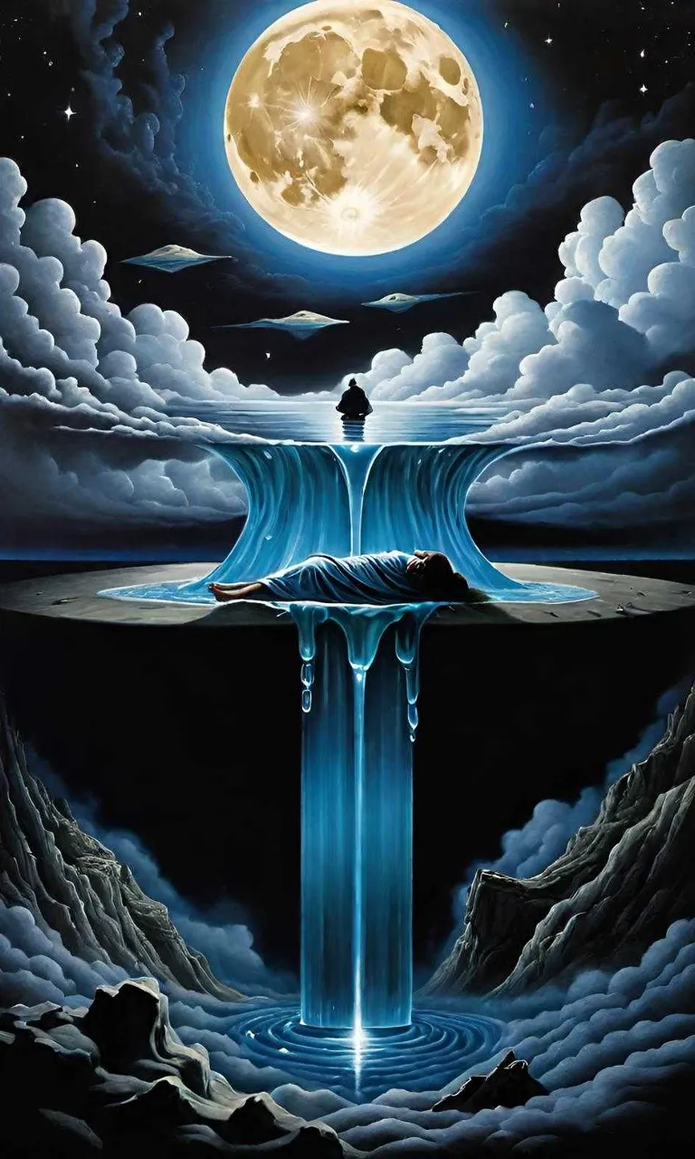 a painting of a man standing on a waterfall under a full moon