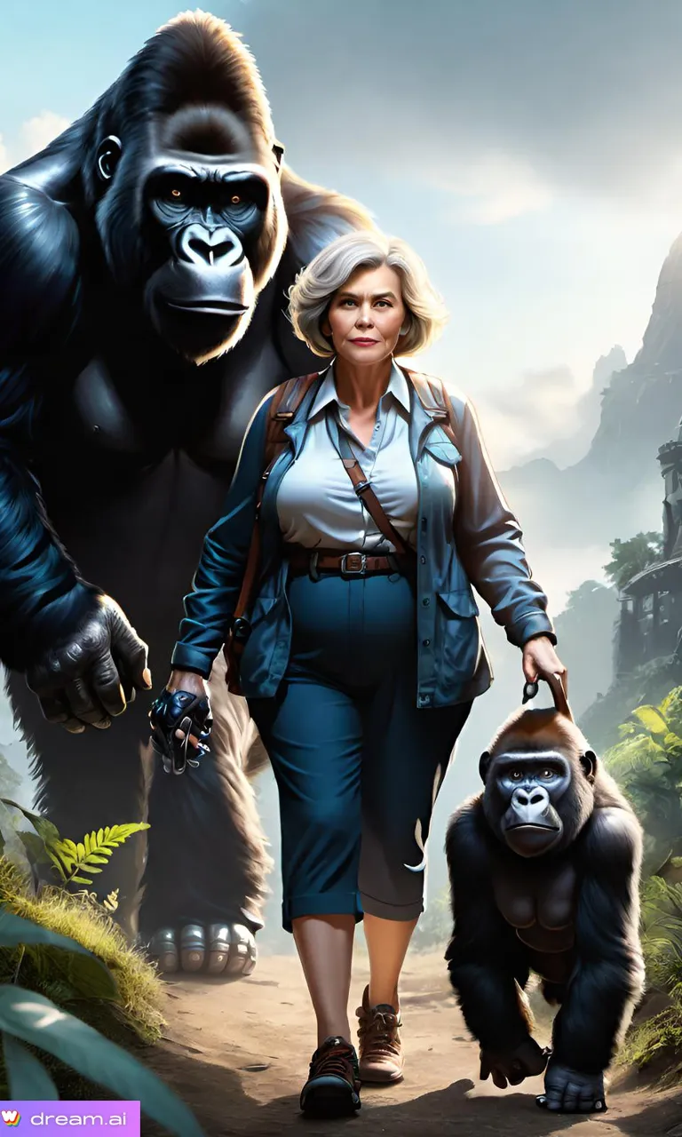 a woman is walking with a gorilla in front of her