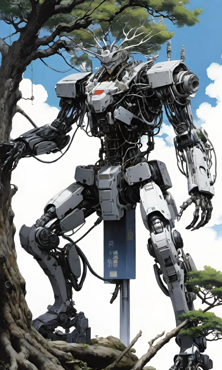 a large robot standing next to a tree