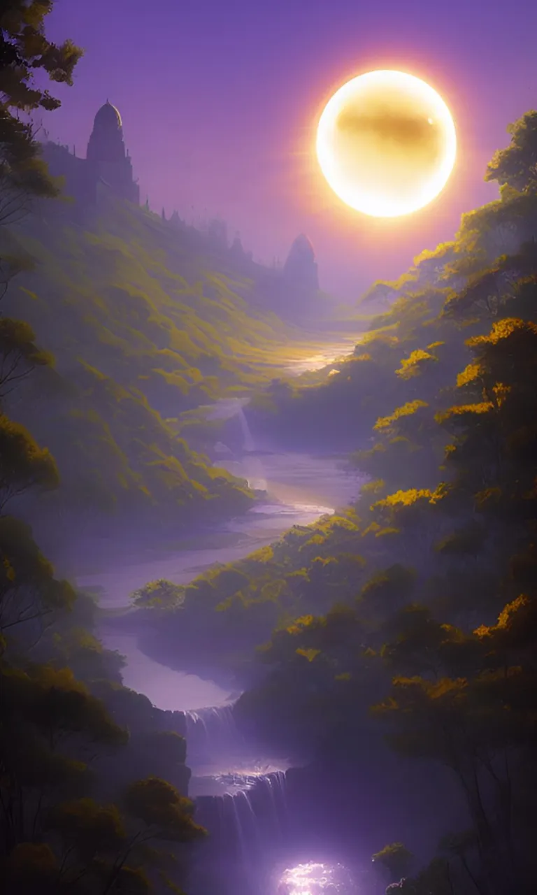 a painting of a sun setting over a river