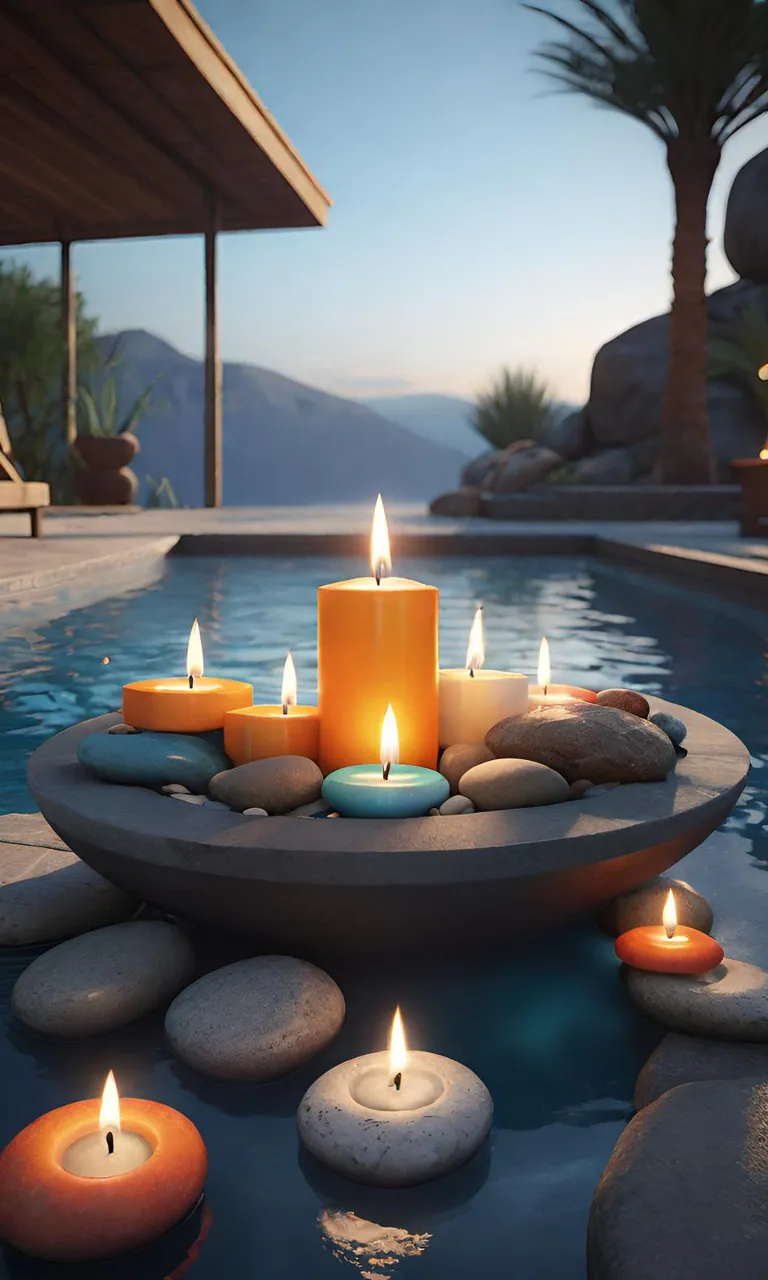 a candle sitting on top of a pool surrounded by rocks