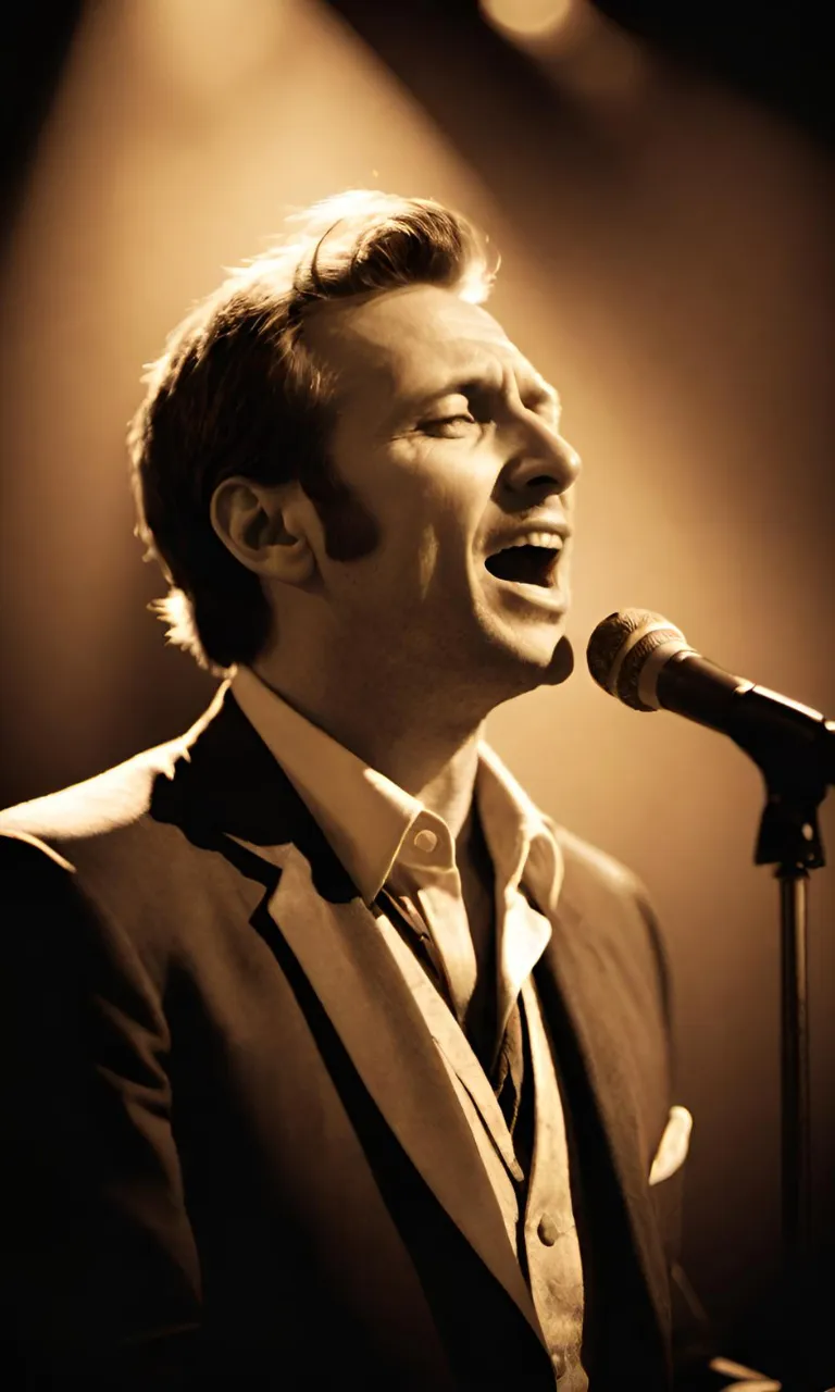 a man in a suit singing into a microphone