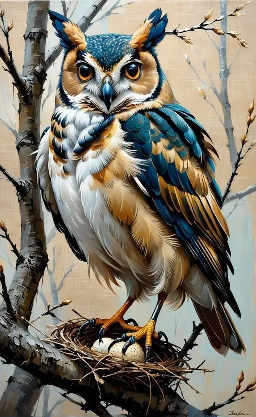 a painting of an owl sitting on top of a nest