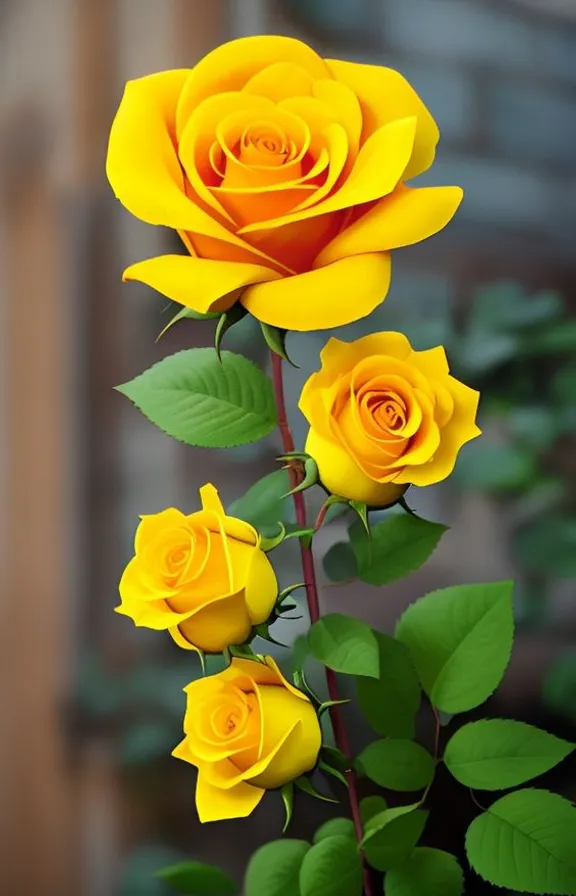 three yellow roses with green leaves in front of a building