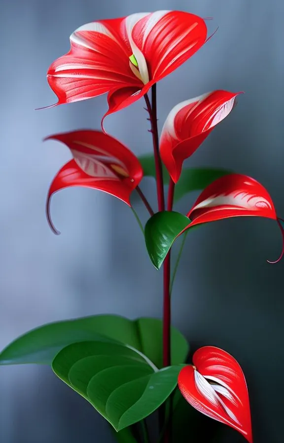 a red and white flower with green leaves