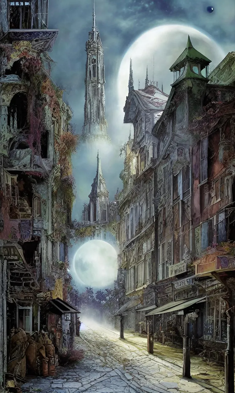 a painting of a city street with a full moon in the background