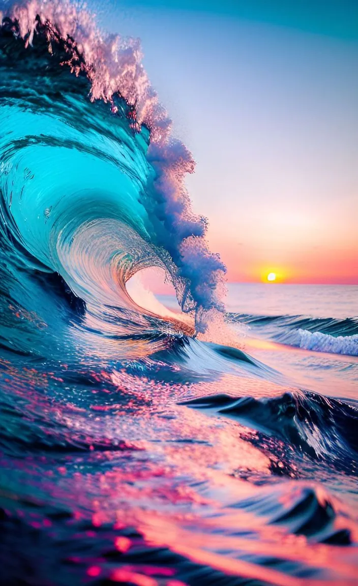 an ocean wave with a sunset in the background