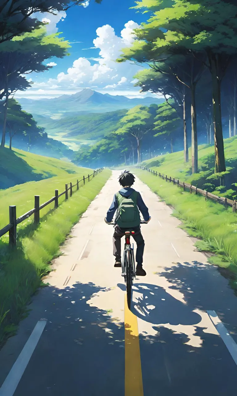 a man riding a bike down a road next to a forest